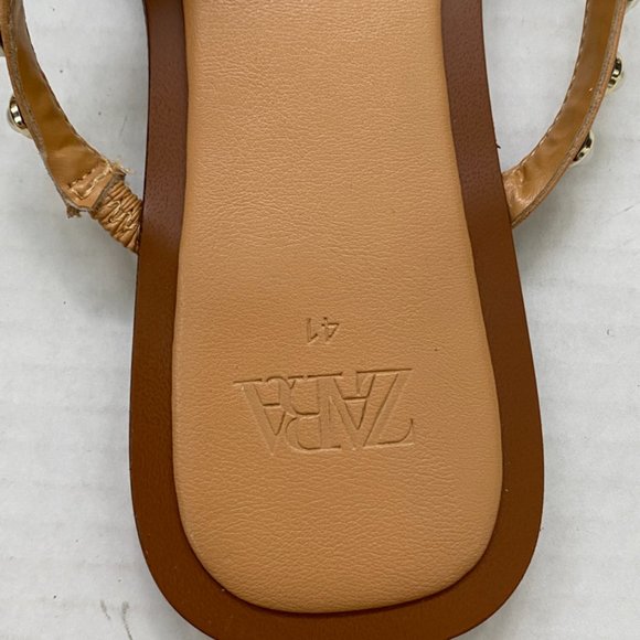 Zara Brown Thong Pearl Detail Sandals Size 41 - Picture 4 of 6